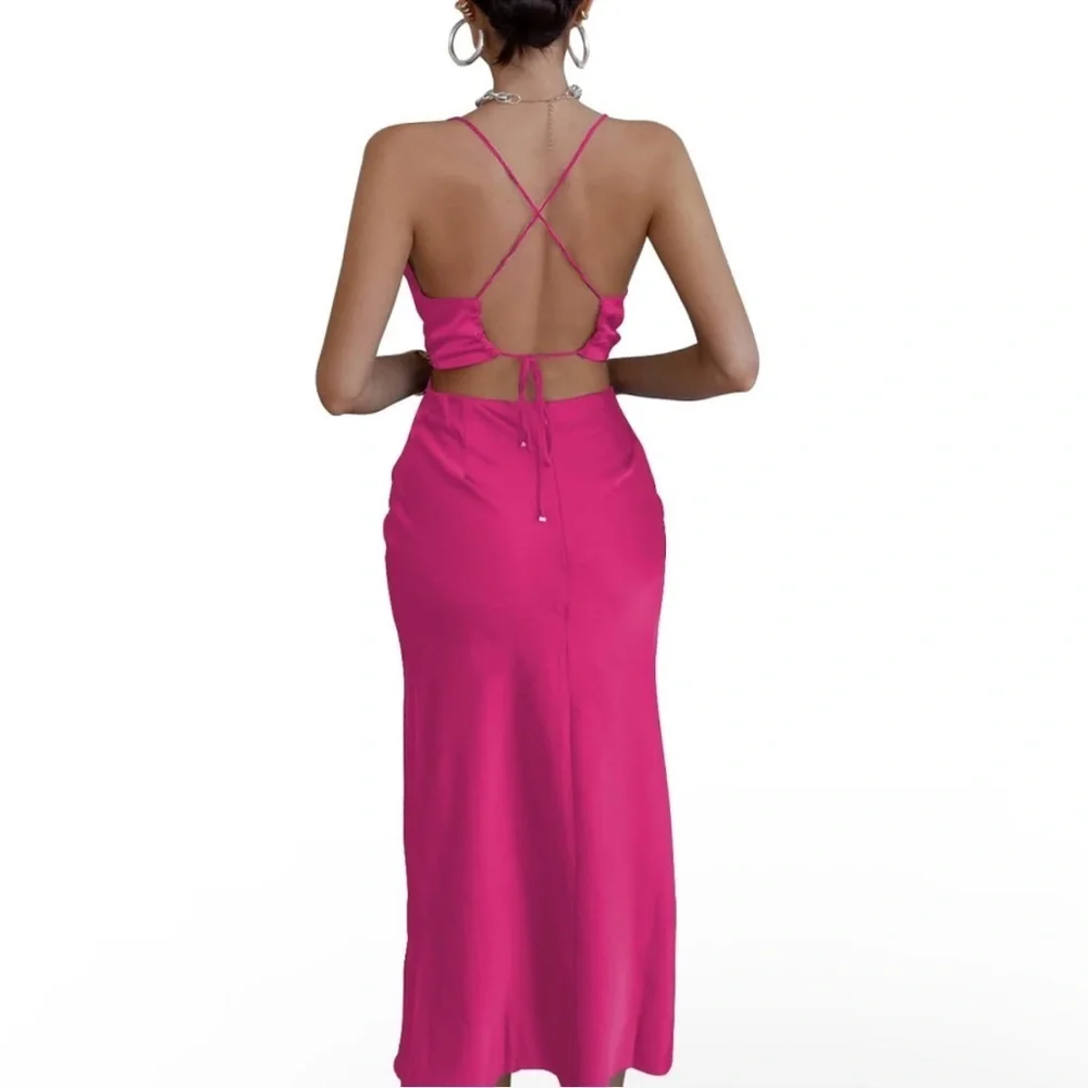 NWT Women’s Pink Satin Slip Open Back Crisscross Cowl Neck Midi Dress Sz Medium